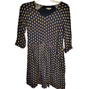 Garnet Hill Size 4 Navy Blue Dress, Flower Pattern, 3/4 Sleeve, V-Neck, Spring